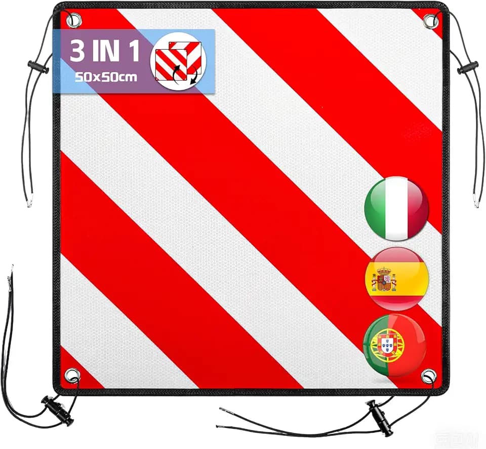 3 In 1 Warntafel für Italien Spanien Portugal, Alu Reflektierend Warnschild 50x50CM mit Spannseile & Eckenschützer, Zertifizierte für Fahrradträger Heckträger Anhänger Auto Wohnmobil - 1 Stück