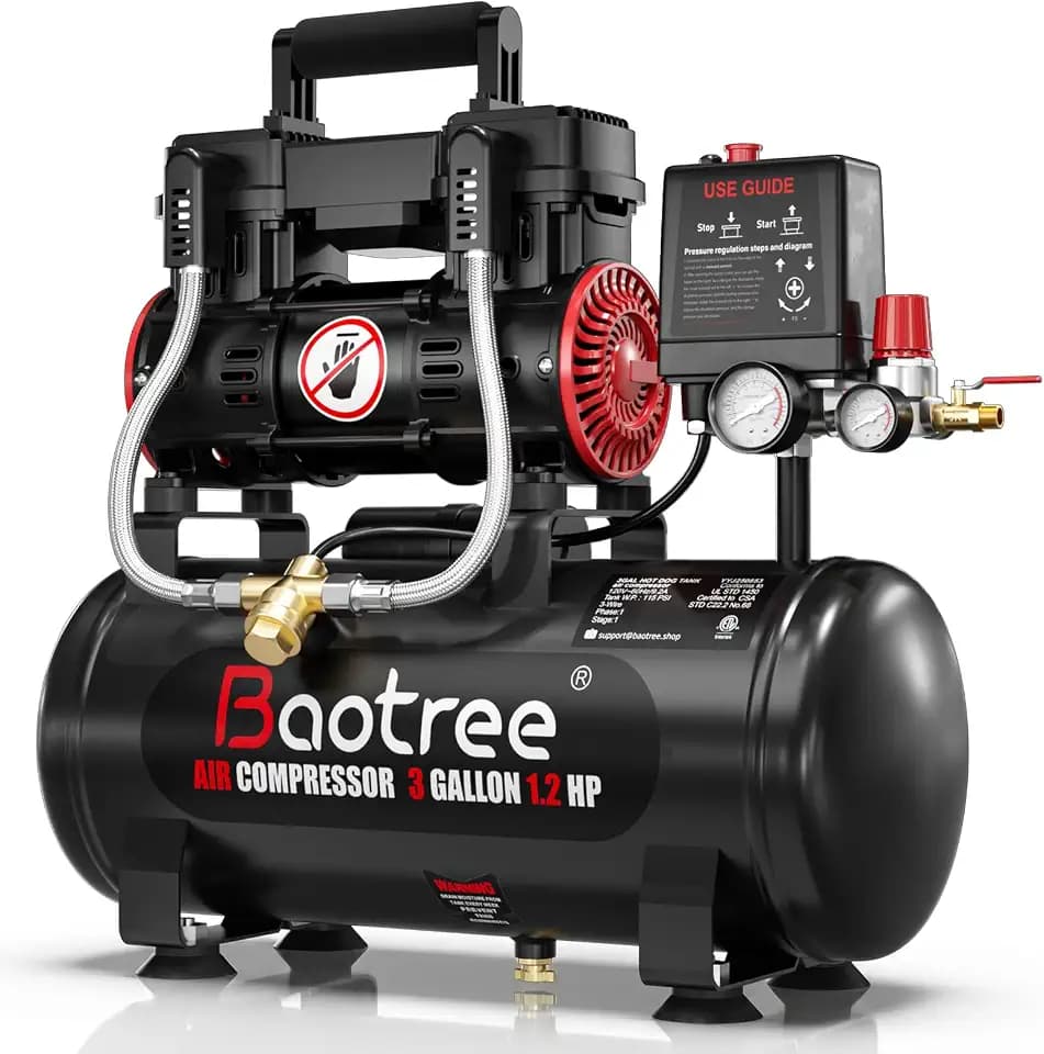 3 Gallon Ultra Quiet Air Compressor with Two Quick Couplers, 1.2HP MAX 115PSI Oil-Free Air Compressor Steel Tanks, 70dB Air Compressor with Wheels for Spray Painting, Auto Repair, Woodwork Nailing