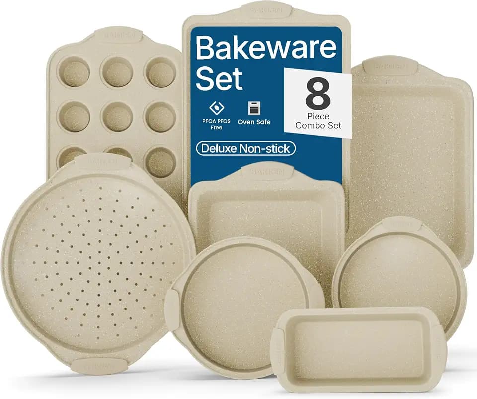 BAKKENMASTER Deluxe 8-Piece Carbon Steel Bakeware Set - Nonstick White Marble Coating, Silicone Handles - Professional Quality Kitchen Oven Baking Pans