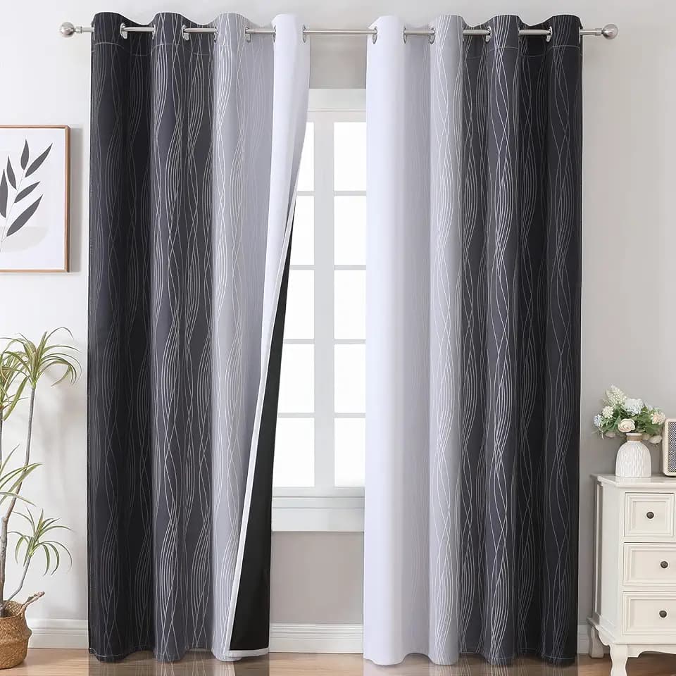 Black and Greyish White Ombre Blackout Curtains for Bedroom 52x84 Inch Long