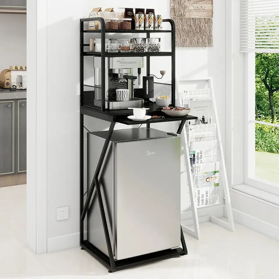 PUNCIA 4-Tier Mini Fridge Stand with Outlet, Coffee Bar Organizer, Black