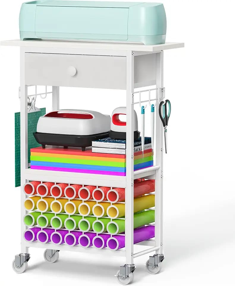 Snughome Craft Cart Compatible with Cricut Maker, Craft Organizers and Storage Table for Cricut Cart with Wheels, Drawer and 28 Vinyl Roll Holders, White, 23.6"(L) x 9.5"(D) x 31.7"(H)