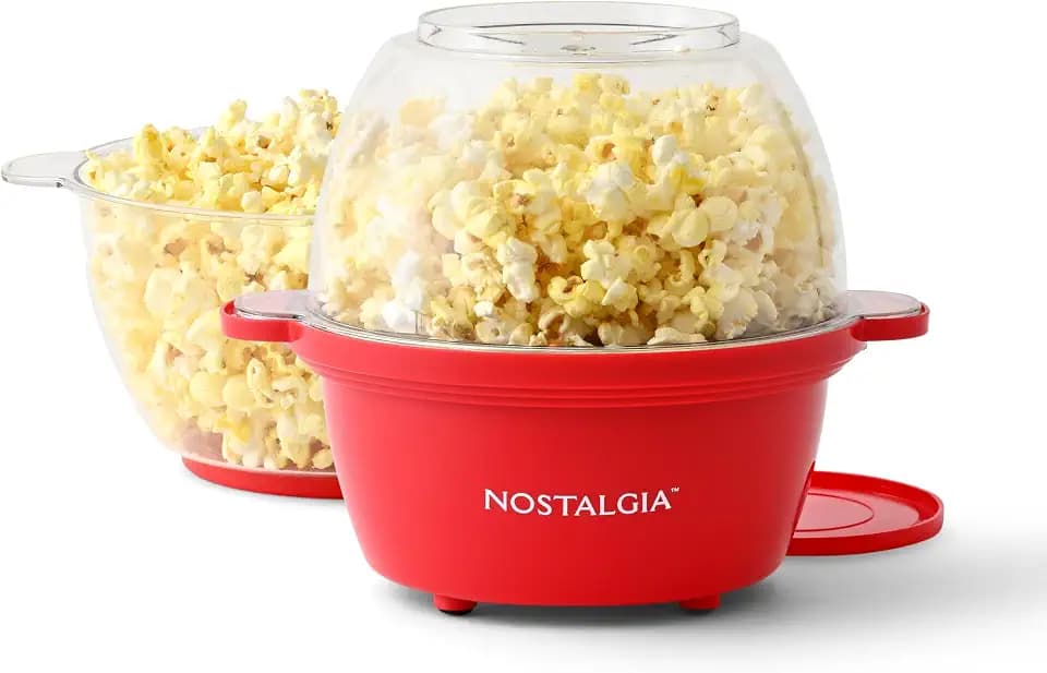 Nostalgia Electric Non-Stick Stirring Popcorn Machine with Hot Oil- Easy-To-Clean Popcorn Popper with Dual-Use Bowl & Cool-Touch Handles- Popcorn Maker for 8 Cups of Theater Style Popcorn- Red