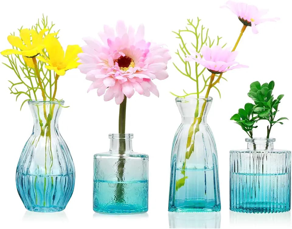 Glass Bud Vases Set of 4, Small Blue Flower Vases for Wedding Centerpieces