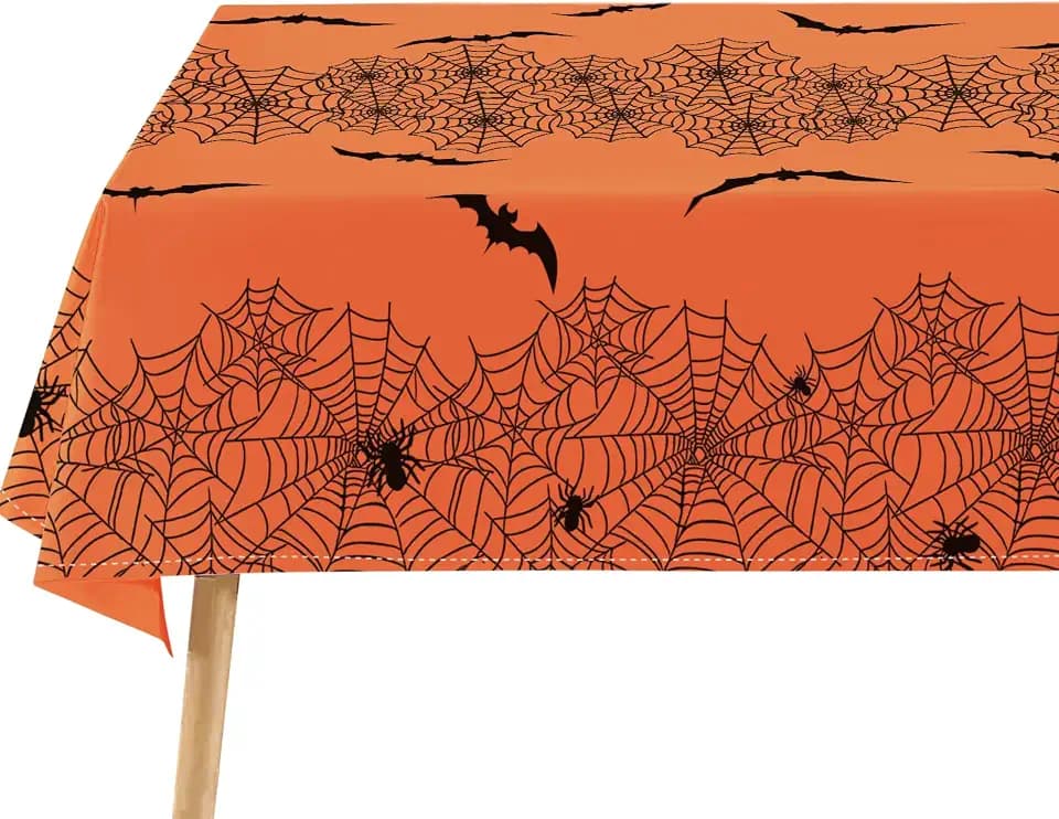 Halloween Tablecloth 60x104Inch Rectangular Spider Web Bat Table Cover Washable Wipeable Polyester Tabletop for Dining Kitchen Party Holiday Decor