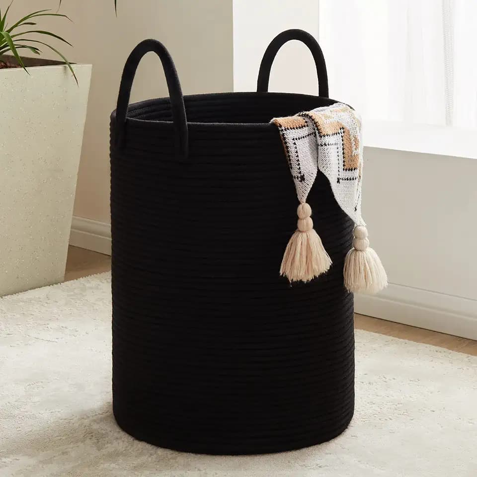 Fiona's magic Woven Laundry Hamper, 58L Tall Blanket Storage-Black