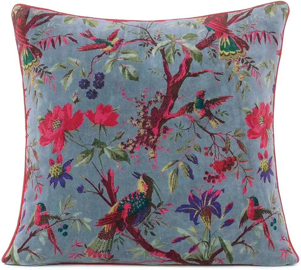 Boho Velvet Bird Print Throw Pillow Cover, Colorful Decorative Floral Cushion Case for Sofa Couch, Bohemian Chic Accent for Bedroom Living Room, 20x20 inch (50x50 cm), Grey Gray