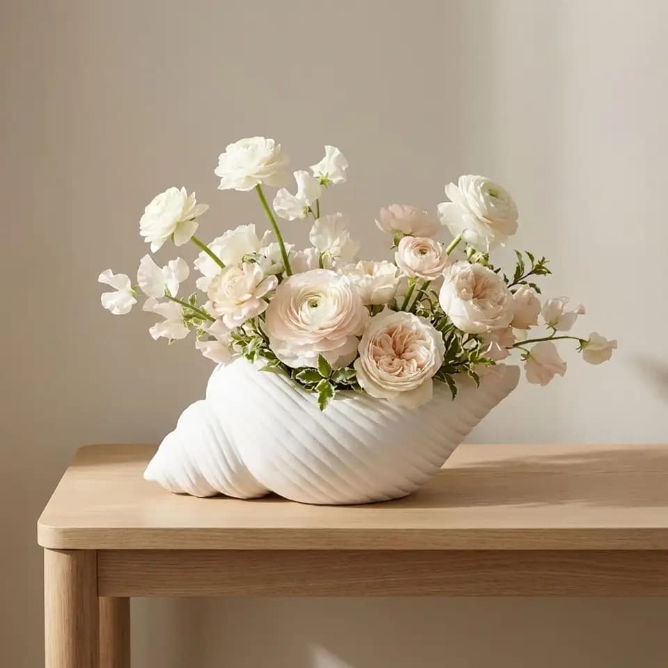 NESS AND JORD Stoneware Figurine Sculpture – Decorative Planter for Shelf Or Table Room Decor, for Living Room Or Bedroom Placement, Coastal Home Decor Shell Design Accent – 9"x 5"x 4", White