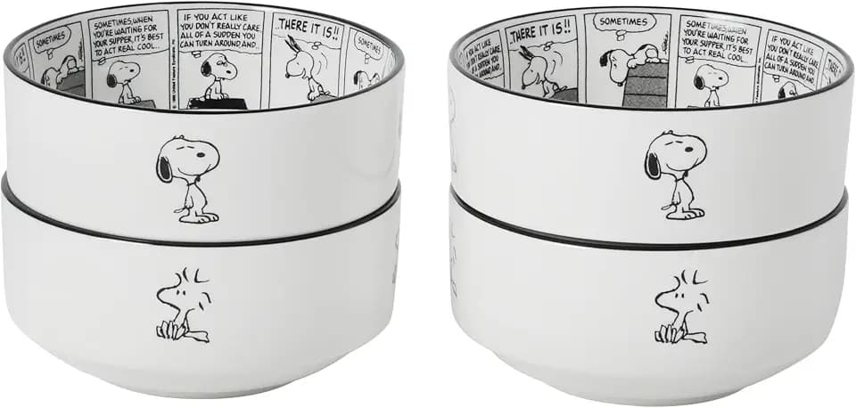 Peanuts Snoopy Cereal Bowls, Set of 4, 4.5-Inch Porcelain Snack Bowls for Ice Cream and Dessert, Sunday Comic Strip Design with Snoopy and Woodstock, Black and White