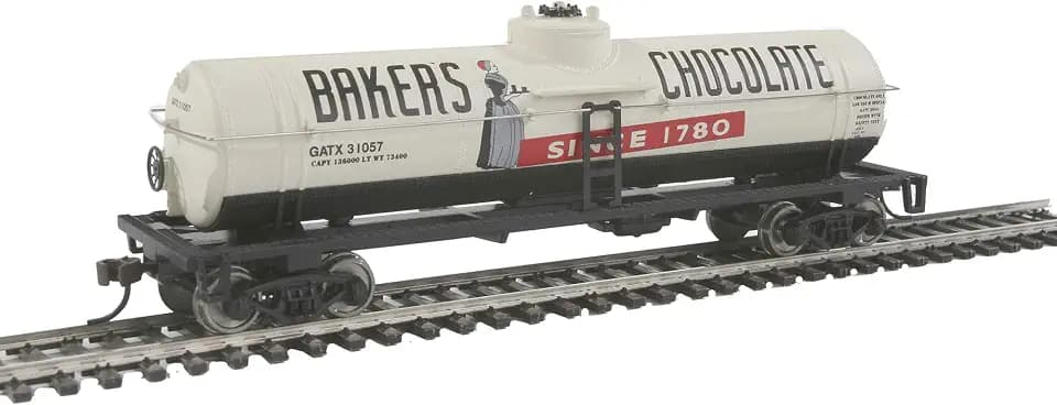 Walthers Trainline 40' Tank Car-Ready to Run-Baker's Chocolate GATX #31057 (White, Black, red) 931-1615 HO Scale Model Railroad - Freight Model