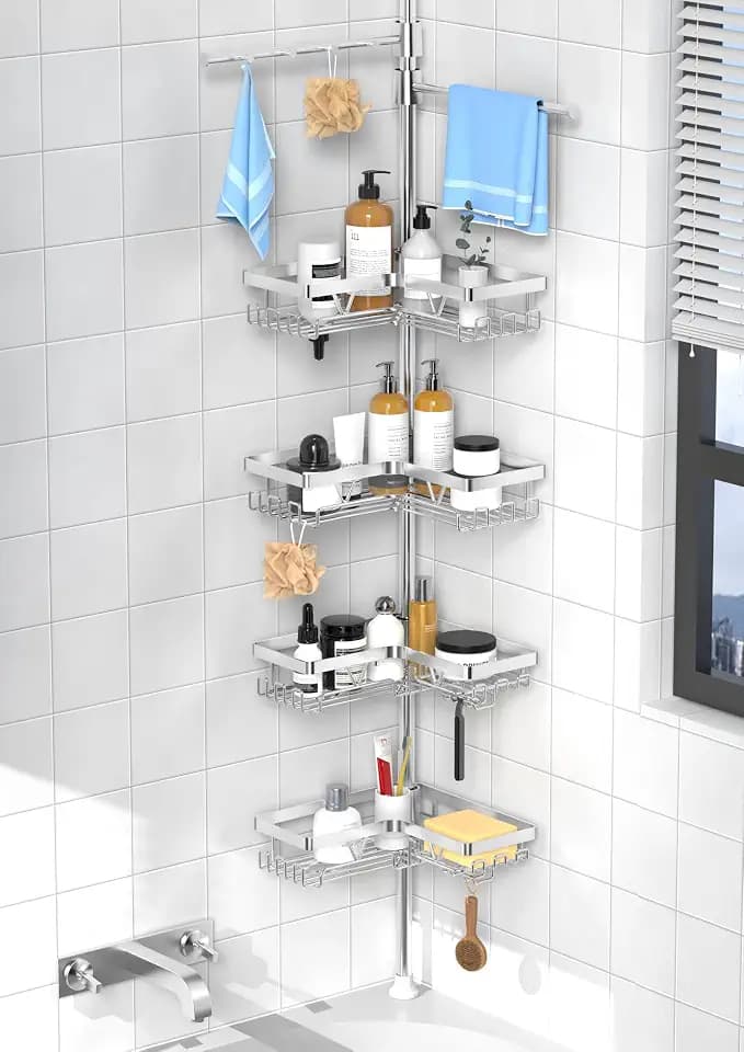 KEGII Shower Caddy Tension Pole, Bathtub Shelf with 2 Towel Bars, Silver