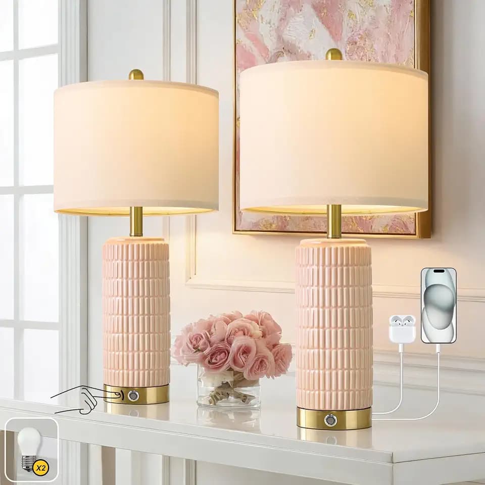PoKat 25'' Table Lamps Set of 2 for Bedroom with 3-Way Dimmable Touch Control, Bedside Lamps with USB A+C Ports for Living Room, Modern Ceramic Pink Lamps for Kids Girls Decor (2 Bulbs Included)