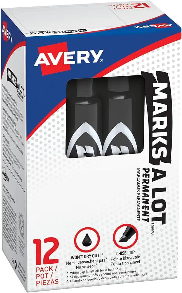 Avery Marks-A-Lot Regular Desk-Style Size Chisel Tip, 12 Black Permanent Markers are perfect for signs and posters (07888)