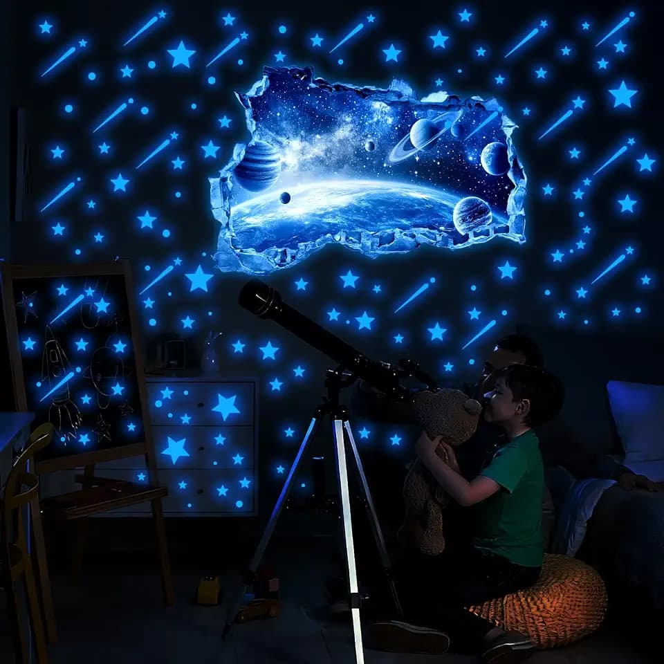 Lilac 3D Breakthrough Space Wall Stickers Glow in The Dark Blue Star Decals
