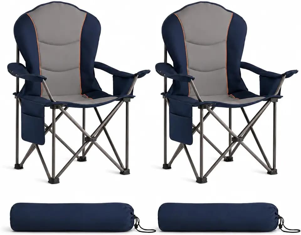 SUWT 2 Pack Oversized Folding Camping Chair, 500 LBS Heavy Duty Steel Frame Collapsible Outdoor Arm Chair, Built-in Cooler, Cup Holder & Waterproof Phone Case, Padded 600D Oxford, Blue & Gray