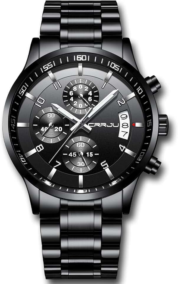 CRRJU Men's Fashion Stainless Steel Black Waterproof Quartz Watch for Men