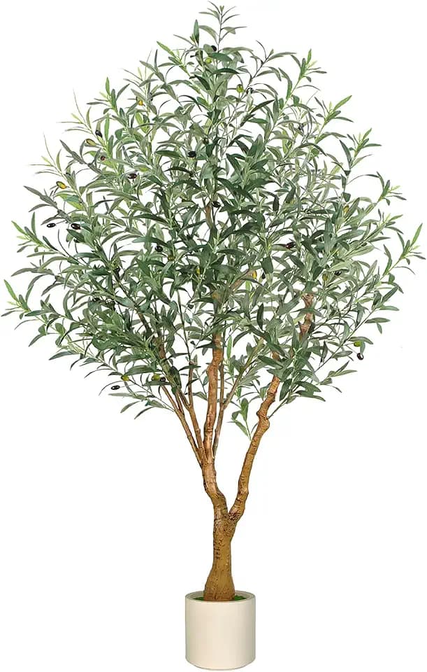 Olive Trees Artificial Indoor, 6FT Faux Olive Tree with White Tall Planter, Full Lush Artificial Plants with Large Olive Branches and Lifelike Fruits for Home Office Decor