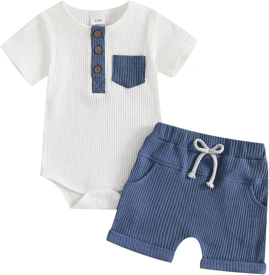 fhutpw Baby Boy Clothes Summer Ribbed Henley Romper & Shorts 2Pcs Set