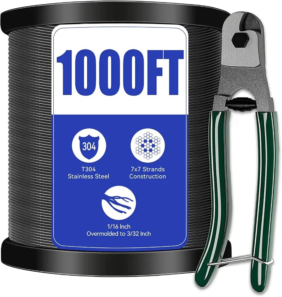 304 Stainless Steel Black Vinyl Coated Wire Rope, 1/16 Inch Overmolded to 3/32 Inch,with Cutter 7x7 Strands Construction,Outdoor Light Guide Wire 1000FT