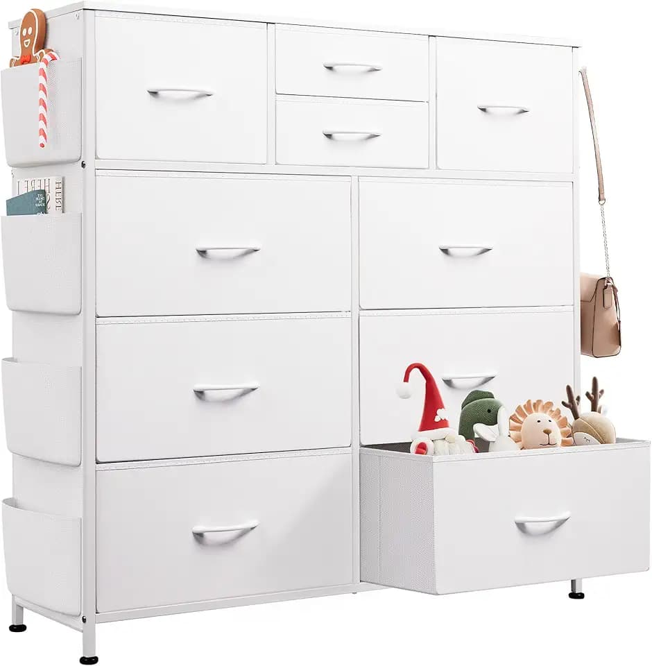 WLIVE 10 Drawer White Fabric Dresser for Bedroom, Side Pockets Chest