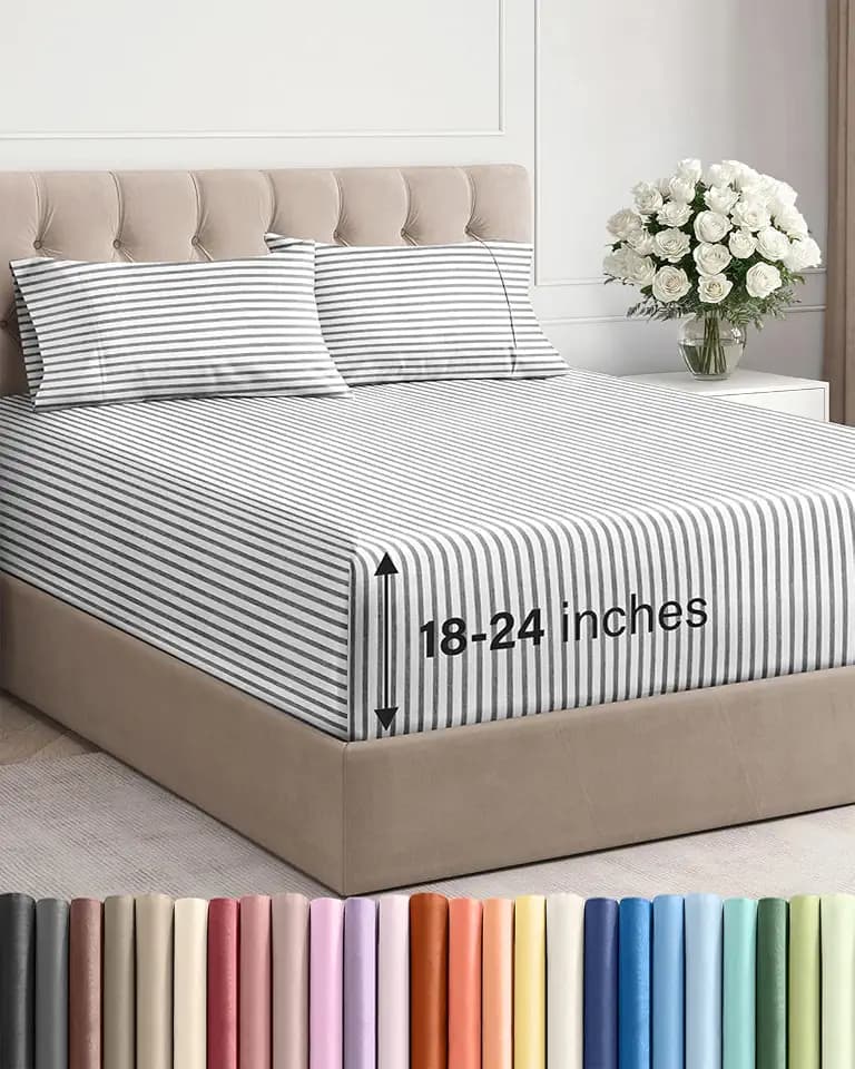 Extra Deep Queen Sheet Set - 4 Piece Breathable & Cooling - Grey Stripes
