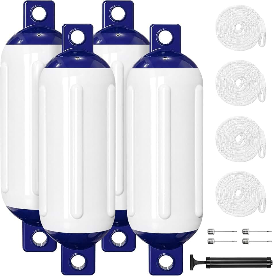4.5/5.5/6.5/8.5 Inch Boat Fenders - 4 Pack Boat Bumpers for Docking, Ribbed Twin Eyes with 4 Ropes & Air Pump, UV & Saltwater Resistant, for Jon Boats, Pontoon Boats Black/Blue/White/Blue &White