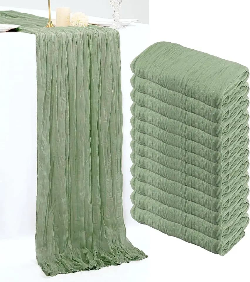 12 Pack Sage Green Cheesecloth Table Runner, 10FT Boho Gauze Green Cheese Cloth Table Runner 35 x120 Inch Semi Sheer Long Runner for Table Wedding Party Banquet Baby Shower Birthday