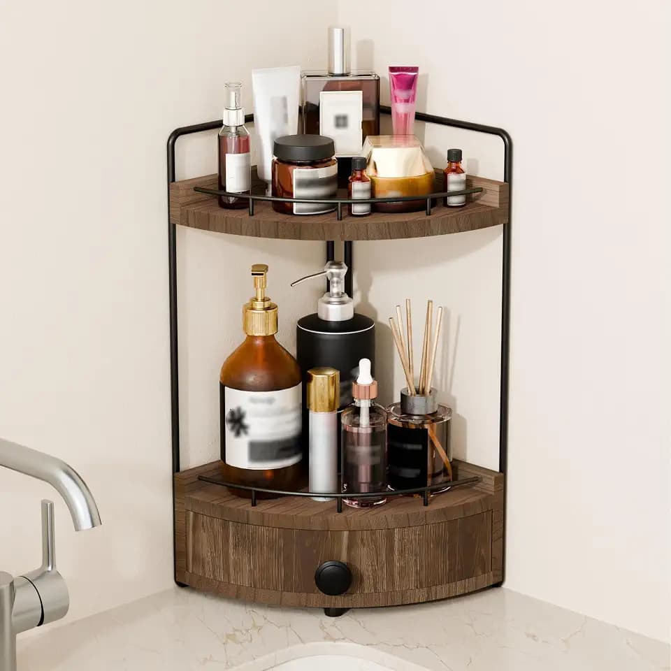 2-Tier Corner Bathroom Counter Organizer with Drawer, Dark Brown
