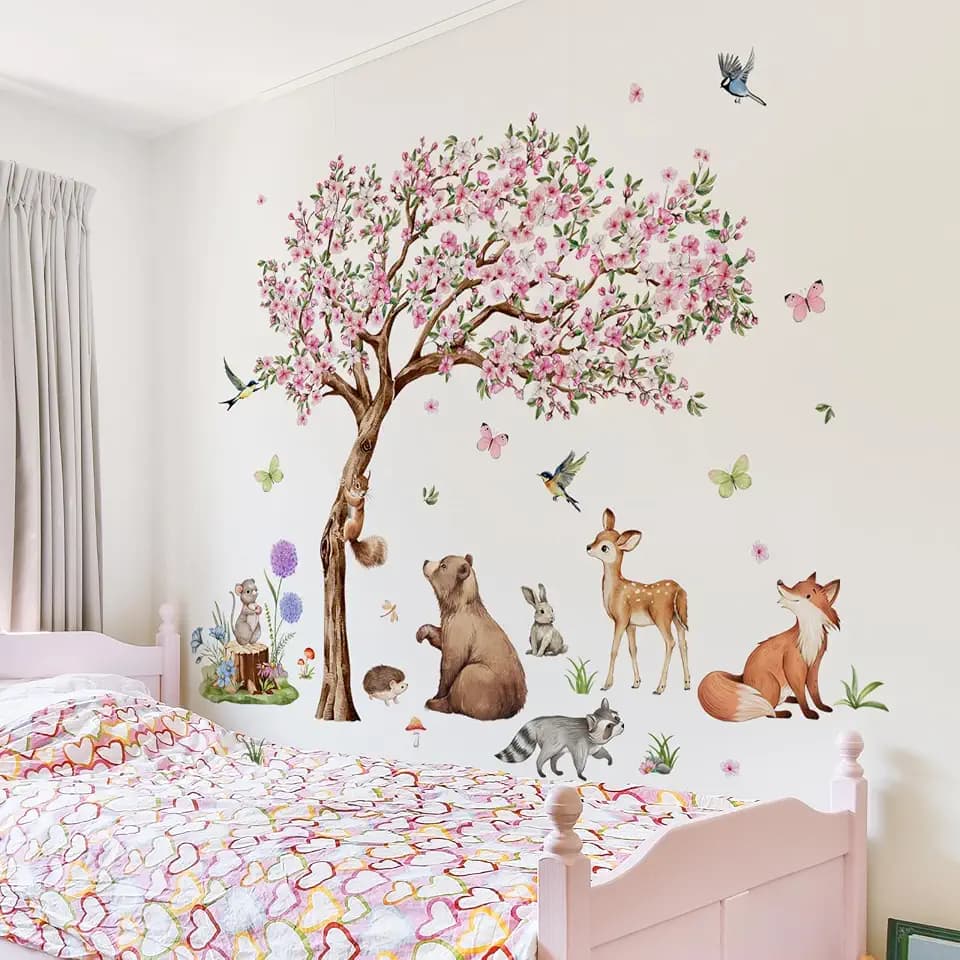 Watercolor Cherry Blossom Tree Wall Stickers Forest Animal Wall Decals Peel and Stick Kids Room Living Room Playroom Decor (Animal Pink Tree)