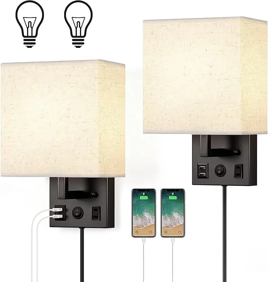 HAITRAL Wall Sconces Plug in with Bulbs - Wall Lamps for Bedroom with USB and Outlet,Sconces Wall Decor Set of 2 with Switch and Bulb Wall Light Fixtures for Living Room,Bedroom(Include Bulbs)-Black