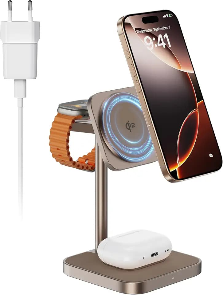 LULULOOK Qi2 Magsafe Ladestation 3 in 1, Aluminium Apple Watch und iPhone Magsafe Ladegerät mit 15W Schnelles Aufladen für 17 Pro Max/17 Pro/17 Air/17, 5W für Apple Watch Ultra, AirPods