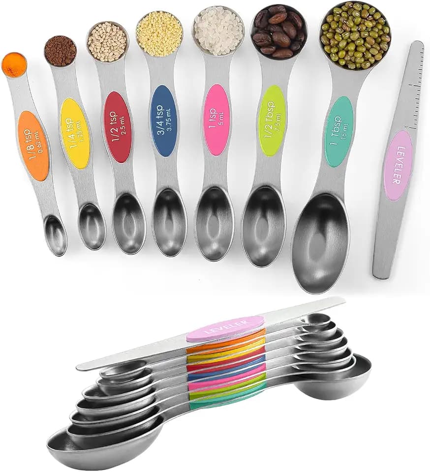 ChefAide Set of 8 Magnetic Measuring Spoons, Stainless Steel, Dual Sided
