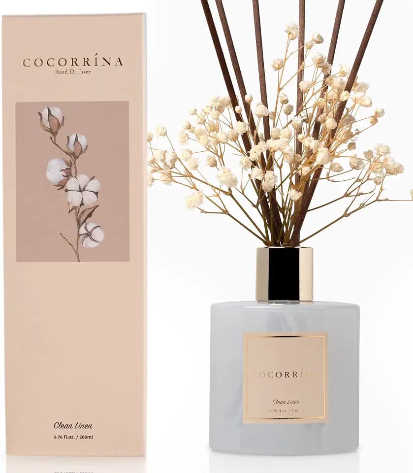 Cocorrína Reed Diffuser Set, Clean Linen 6.7 fl oz Scented Diffuser with Sticks Home Fragrance Reed Diffuser for Bathroom Shelf Décor