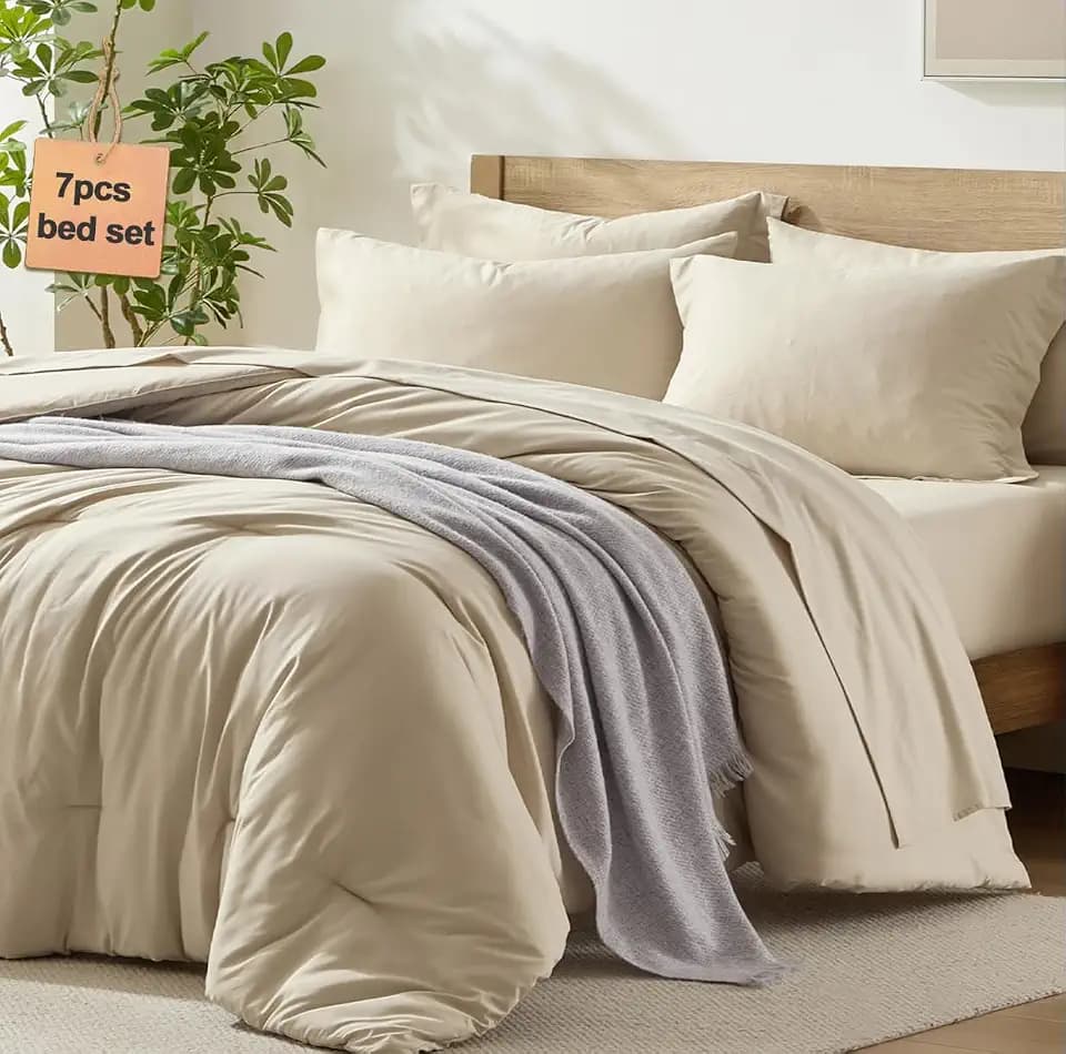 Homelike Moment King Size Comforter Set - 7 Piece Beige Bed in a Bag
