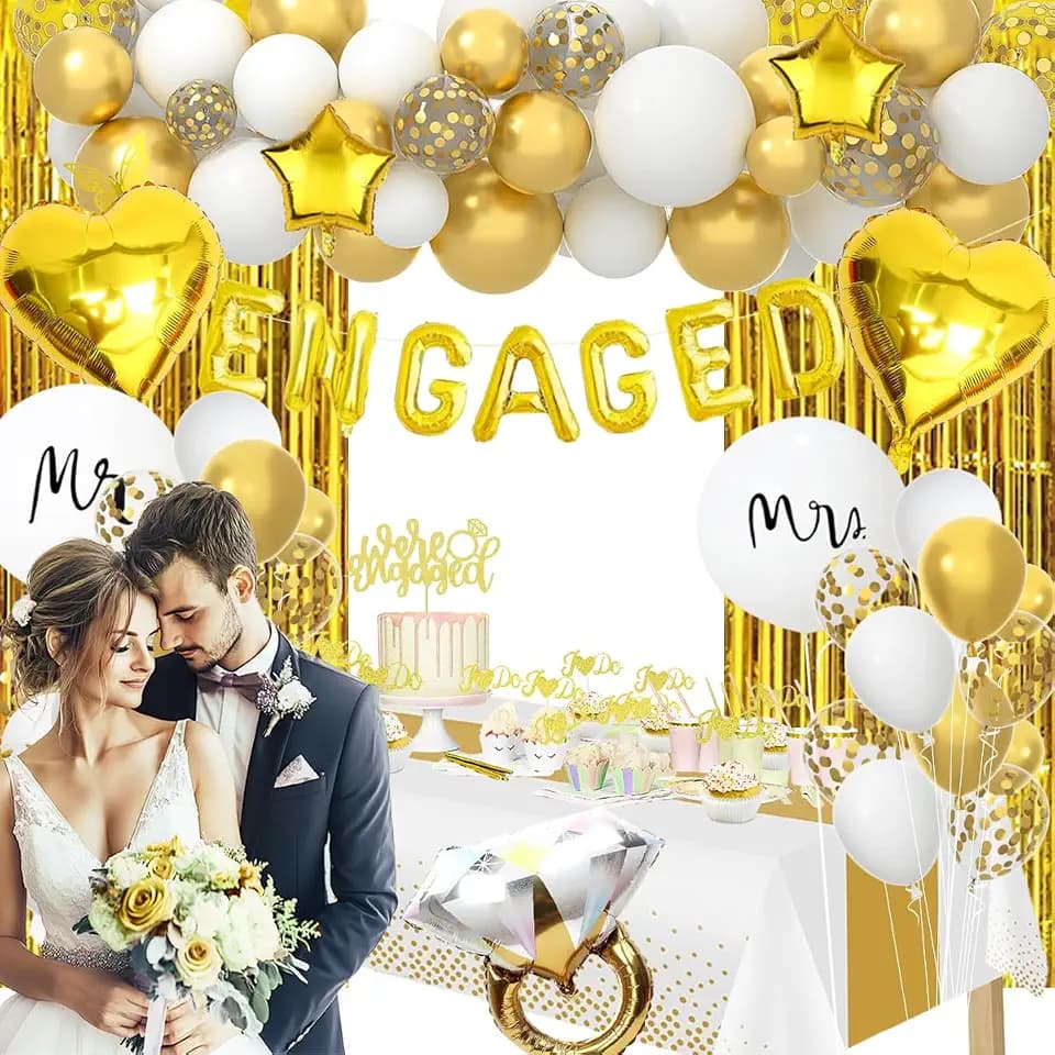 Gold Engagement Party Decorations - White Gold Balloons, Mr & Mrs Balloons Heart Balloons, She Said Yes Cake Toppers, Engaged Banner, Table cloth, Fringe Curtains Engagement Decorations for Party