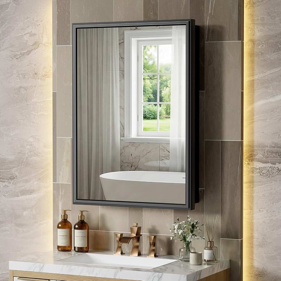 20x28 Bathroom Medicine Cabinet with Thickened Glass Easy Assembly Black