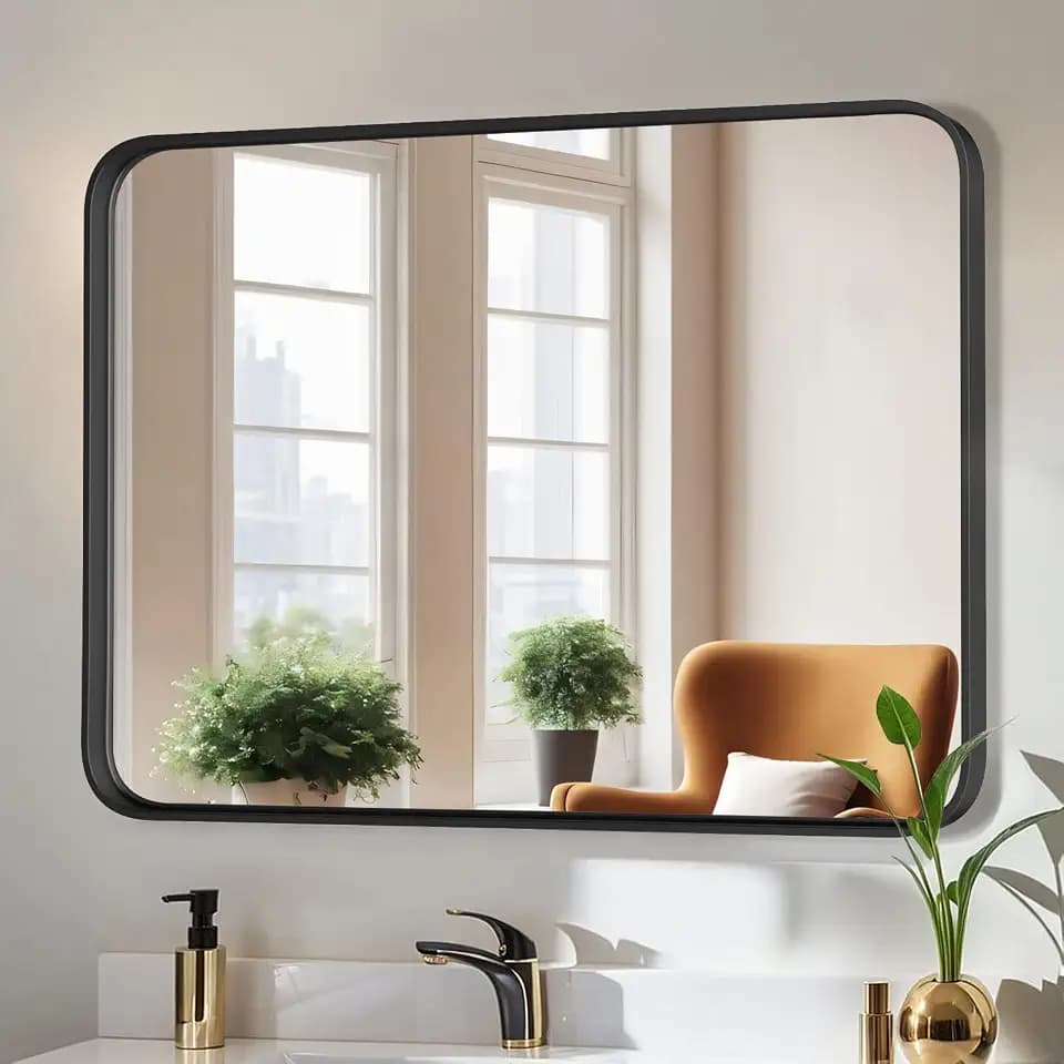 Bathroom Mirror for Wall, 40x30 Inch Rounded Rectangle Mirror, Black Metal Framed Bathroom Vanity Mirror for Restroom Farmhouse, Anti-Rust, Tempered Glass, Horizontally or Vertically Hanging