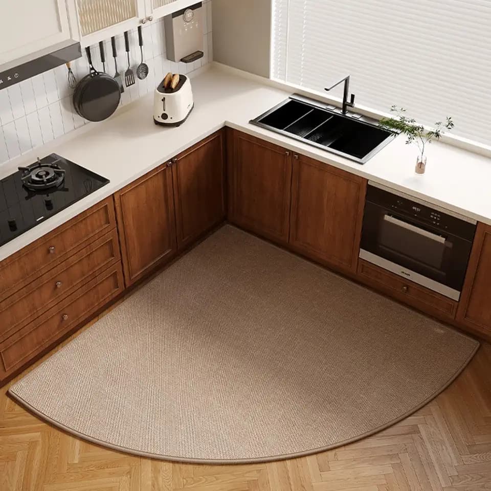 Non-Slip Corner Kitchen Rug - Super Absorbent Braided Floor Mat for Sink Areas, Washable Circular Sector Mat with Rubber Backing, Imitation Linen Kitchen Carpet (Khaki, Radius 47'')