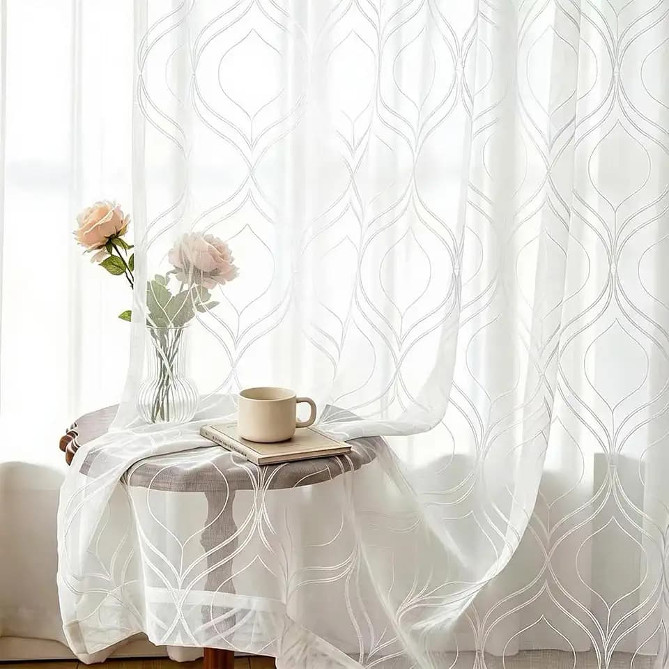 VISIONTEX White Sheer Curtains Moroccan Embroidered 84 Inches Long