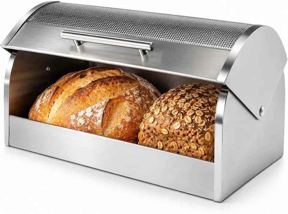 Oggi Stainless Steel Roll Top Bread Box for Kitchen Countertop with Tempered Glass Lid - Fits Multiple Large Loaves of Bread and Other Freshly Baked Goods Including Cookies, Bagels, Muffins