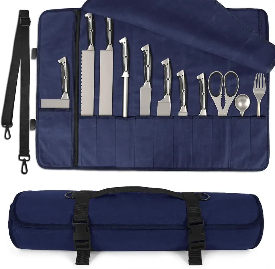 lelezone Knife Roll, Waterproof Waxed Canvas Knife Case Holds Size Up to 18'', Chef Knife Bag with 11 Slots Plus Zipper Pocket, Portable Knife Holder with Adjustable Strap for Kitchen Tools (Blue)