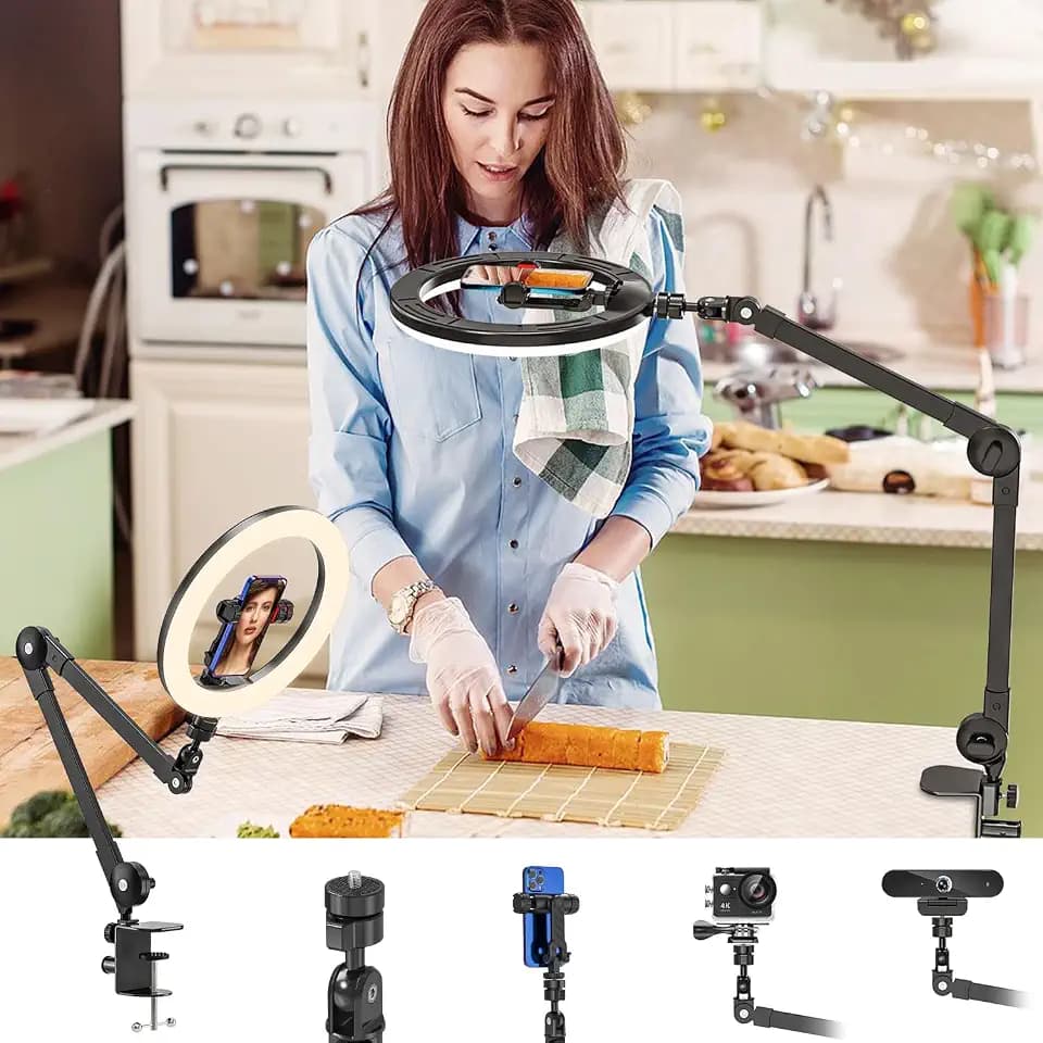 10" LED Ringlicht mit Stativ Handy, Ringlicht Overhead Stativ Handy Dimmbare Ringlampe Videokonferenzen Lichter 3 Lichtfarben+10 Helligkeiten für YouTube, Selfie, Makeup, TikTok Live-Streaming