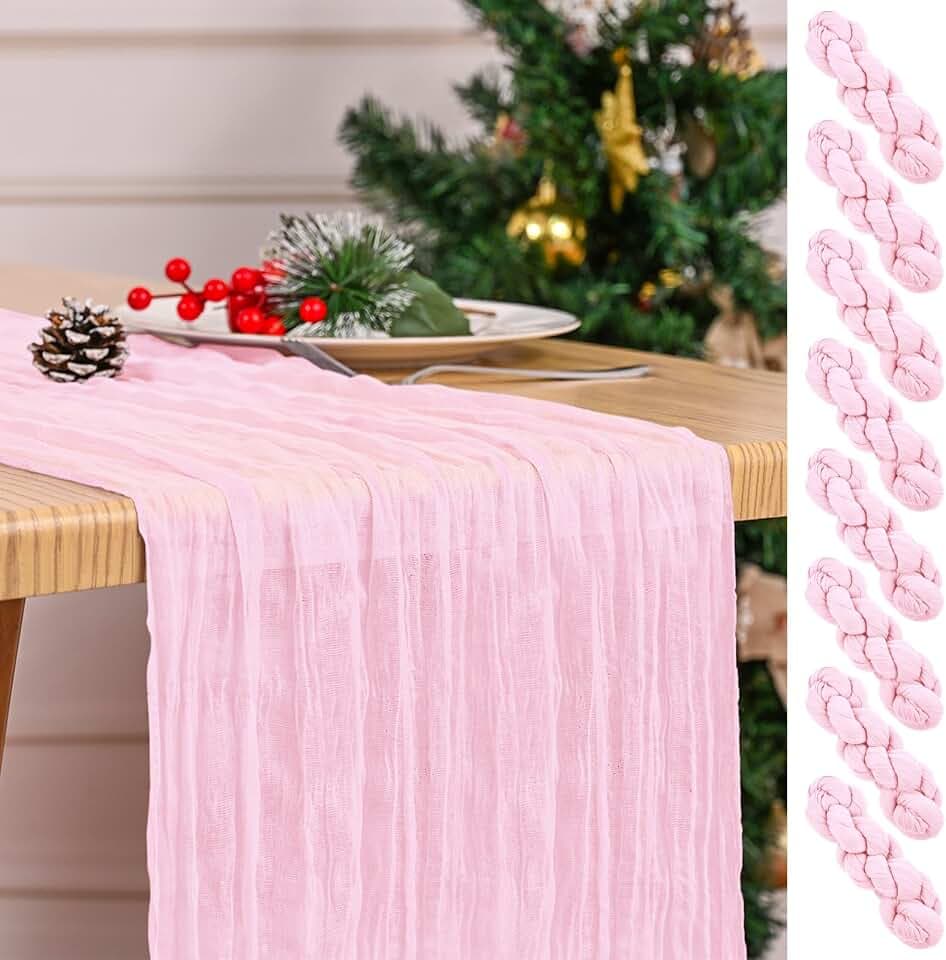 8 Pack Pink Table Runner 17 x 108inch Cheesecloth Table Runner Boho Gauze Table Runners Romantic Rustic Sheer Fabric Cheese Cloth Table Runners for Wedding Party Bridal Shower Table Decor(Light Pink)