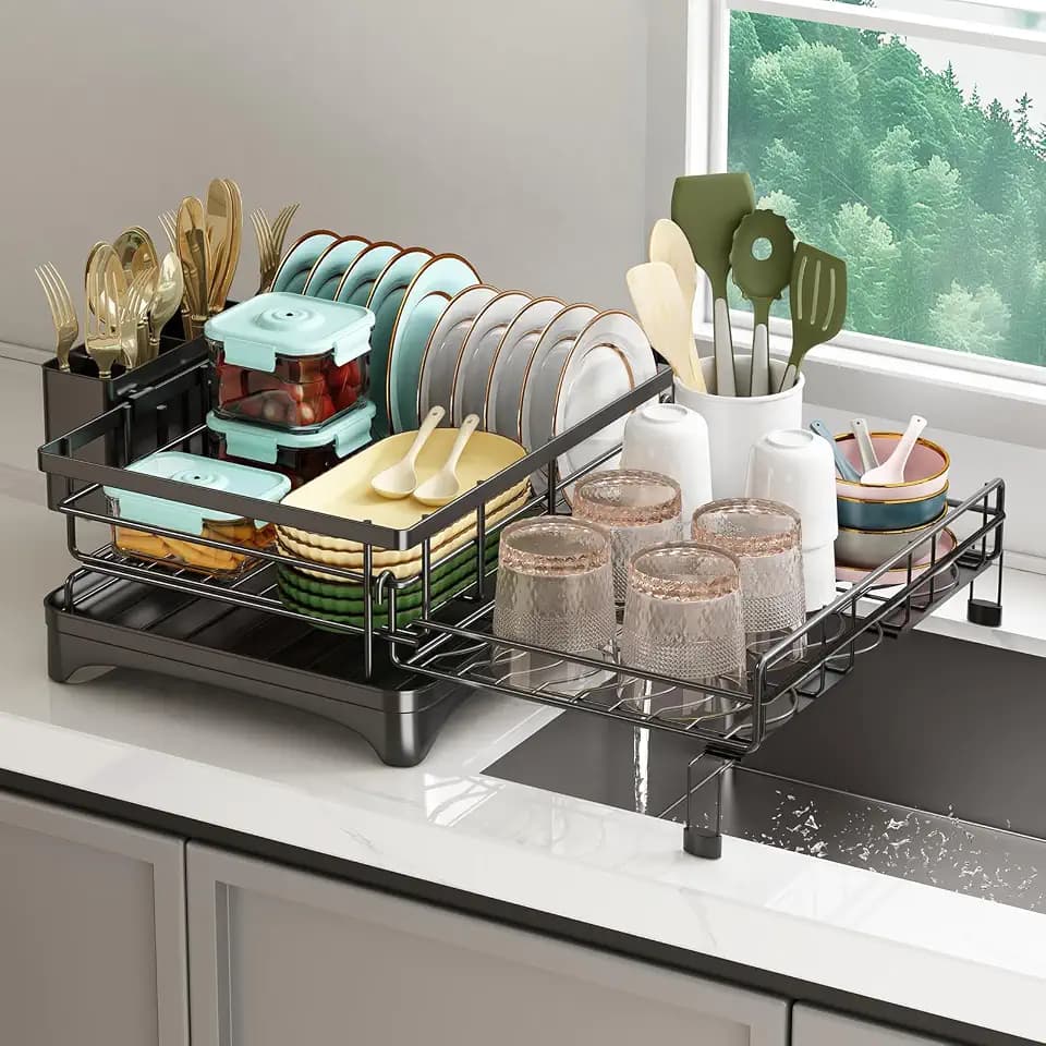 NETEL Dish Rack, Extendable Dish Drying Rack, Dish Drainer for Kitchen Counter, Dish Strainer with Utensil Holder, Over The Sink Dish Drying Rack with Automatic Drainage System