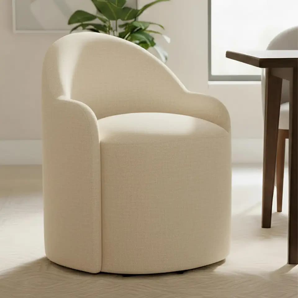 KISLOT Upholstered Dining Chairs with Casters, No Assembly Modern Dining Room Chairs Accent Vanity Chair with 5 Wheels & Round Backrest for Bedroom, Living Room, Dressing, Sand Fabric, Set of 1
