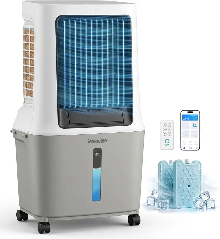 SereneLife Portable Swamp Cooler Air Conditioner - 2500 CFM Airflow, 8 Gallon Water Tank Portable Evaporative Air Cooler for Room & Outdoors, WiFi, Humidifier & Fan Modes, Ice Packs & Remote Included