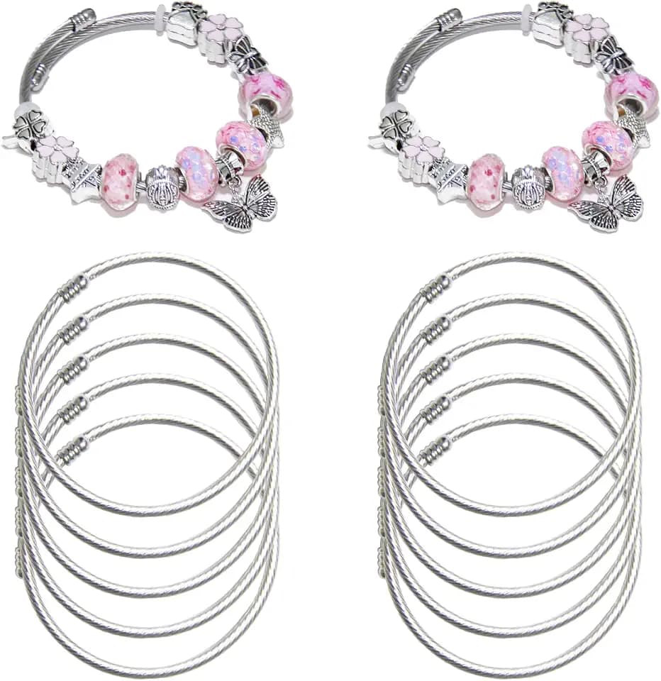 Exway 10 Pcs Elastic charm Bracelet chain Stainless Steel Cable Wire Twisted Cuff Bangle Bracelet Sliver charm Bracelets Kit for Crafts DIY Women Jewelry Making