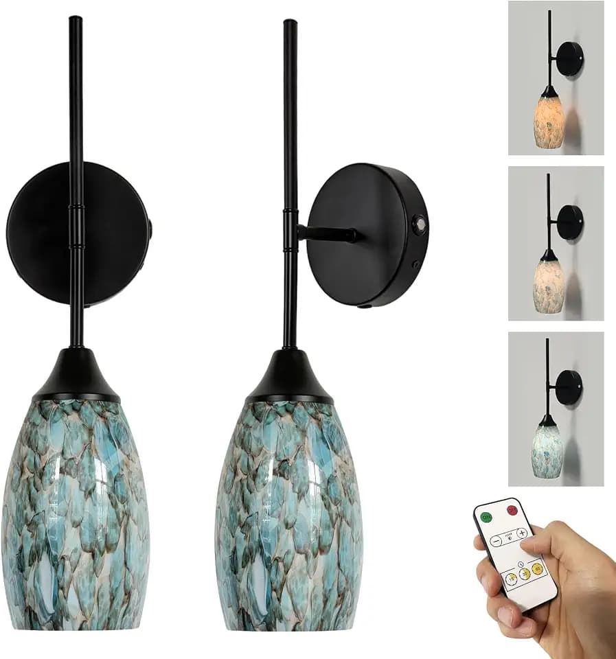 Wireless Battery Operated Wall Sconce Set Of 2,Rechargeable Wall Lights with Remote Control, Dimmable 3000K–6000K, Wireless Wall Sconces With Industrial Hand-Blown Art Glass for Bedroom Living Room