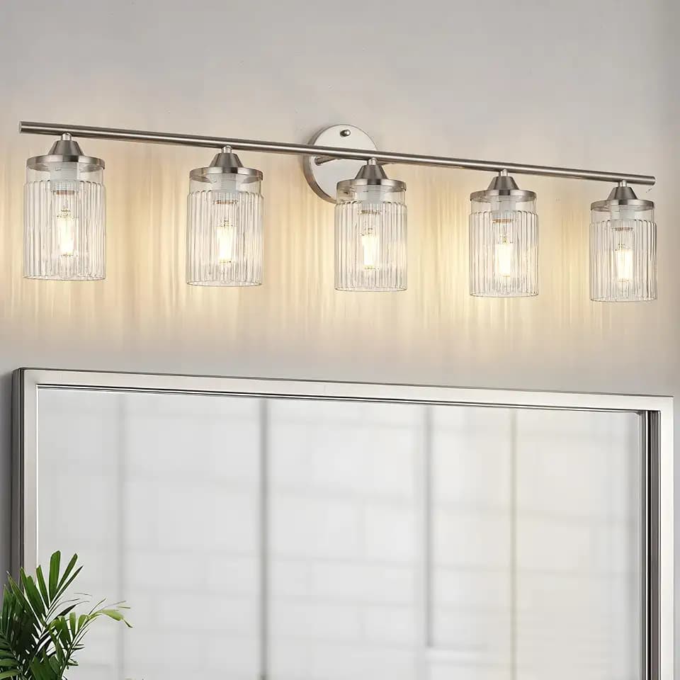 Jonsi Nickel Bathroom Light Fixtures 5-Light Vanity Lights Modern Wall Sconce with Clear Glass Shade Brushed Nickel Bathroom Light Fixture Over Mirror for Bedroom Hallway Kitchen
