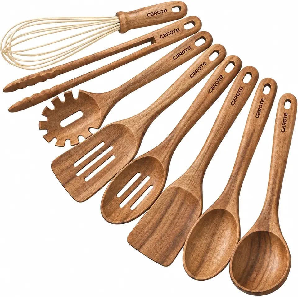 CAROTE Wooden Utensil Set, 8-Piece Acacia Wood Cooking Utensils